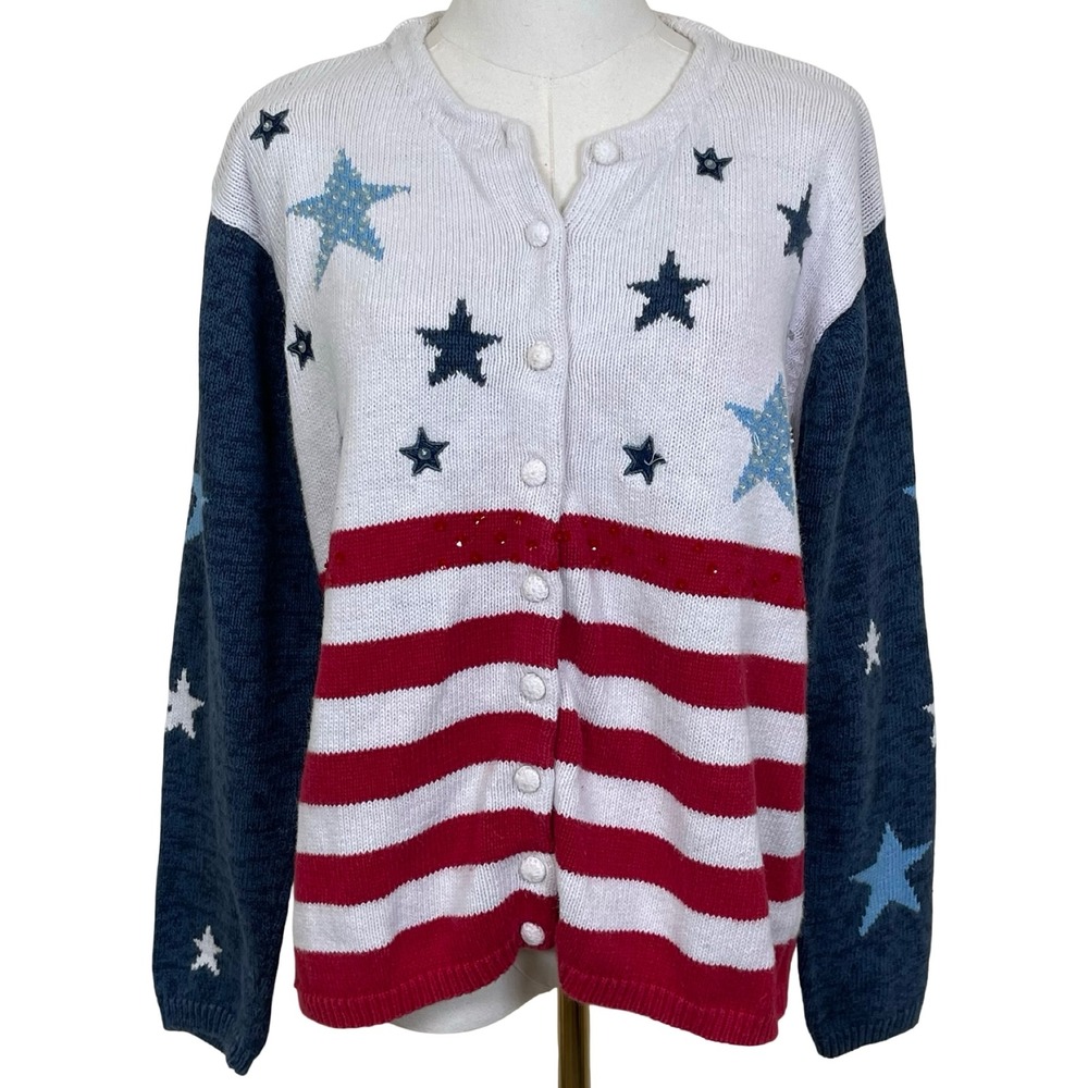 Vintage Tiara International American Flag Cardigan Women M Red White Blue Stars
